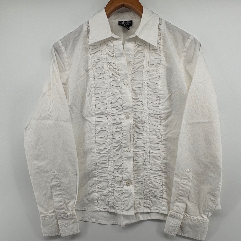 White Ruffle Front Embroider Button Down Shirt 12P Long Sleeve Petite Victorian - Picture 5 of 11